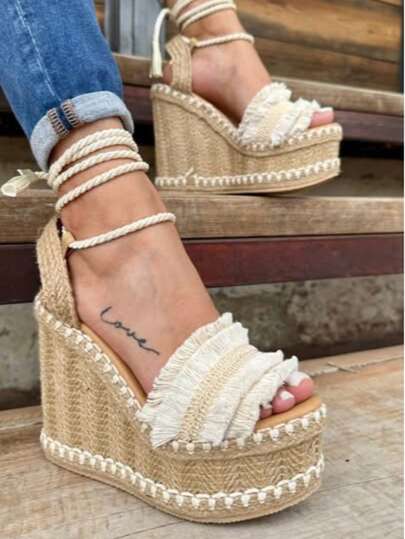 Alpargatas  de mujer sandalias cuñas sandalias altas  abiertas con cordones  acojinadas suela antideslizante alpargatas para playa vacaciones dama womens shoes Minas del rey zapatos  Playa