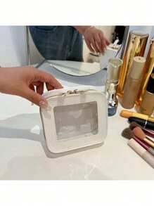 1 件迷你化妆包 - 女士小型化妆包，旅行防水盥洗包，透明中央控制台收纳包，带透明窗口和金色拉链，适合返校使用