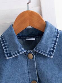 年轻女孩优雅时尚盖袖单排扣长袖连衣裙，适合日常、户外、度假、通勤、春秋季 - 藍色 - 查看 3