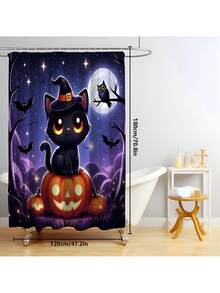 1pc/4pcs Halloween Pumpkin Lantern, Witch, Cat, Bat Pattern Polyester Waterproof Bathroom Shower Curtain With 12 Hooks, Bathroom Mat, U-Shaped Mat, Round Toilet Lid Cover, Bathroom Set For All Occasions Bathroom Decor - Multicolor - View 12
