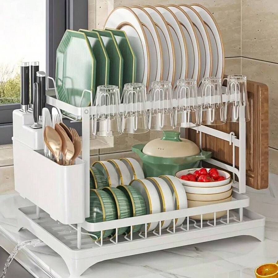 2 Tier Dish Drying Rack Dish Drainers For Kitchen Counter Storage Cutlery Holder Home Carbon Steel For Dishes, Cups, Bowls