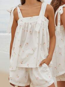 Women Y2k Summer 2 Piece PJs Lounge Set Floral Print Sleeveless Tie-Up Shoulder Square Neck Loose Tank Top Elastic Waist Wide Leg Pajama Bottoms Sleepwear Going Out Outfit Beachwear - 白色 - 查看 2