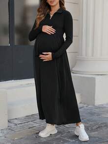 Maternity Casual Solid Color Zip-Up Collar Dress Black Spring - Black - View 5