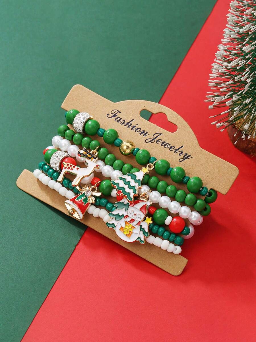 6 Pcs/Set Fashionable Christmas Bracelet, Encrusted With Pearls, Resin, Christmas Tree, Snowflake, And Snowman Pendants, Handmade Beaded Bracelet Set, Suitable For Women's Daily Wear, Holiday Parties, And Gifts.