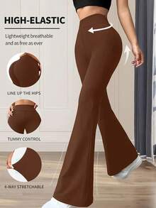 Women's Elegant High Waist Flared Pants - Regular Elastic Waistband, Mid-Rise, Elastic And Comfortable To Carry, Suitable For Spring And Autumn Office And Leisure And Sportswear - 棕色 - 查看 6