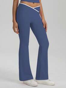 Two-Piece Set Women'S Contrast Binding Backless Crop Tank Top & High Waist Flare Leg Pants Tracksuit Set - Navy - View 4
