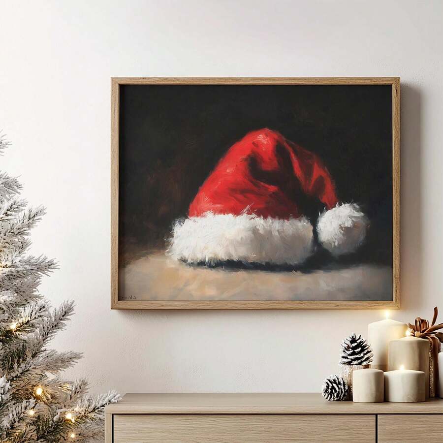 1pc, Canvas Wall Art, Christmas Frame Wall Decoration, Vintage Classic Santa Hat Art, Rustic Christmas Decor, Winter Retro Poster, Santa Claus Oil Painting, Winter Decor Poster, Minimalist Wall Decor, Modern Art, Contemporary Home Decor