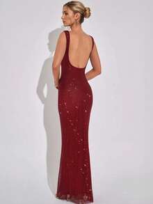 Elisanya Elegant Sexy Straps Sequins Mesh Sparkly Rhinestone Halter Dress Female Temperament Party Birthday Graduation - Red - View 3