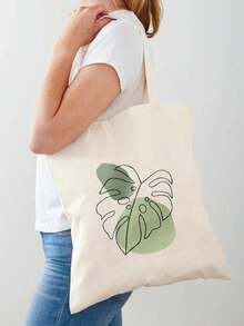 Sac de courses à motif végétal simple, sac de livre de style Ins, sac fourre-tout à motif de feuilles pour le trajet, sac de courses de style frais, sac de rangement pliable, léger et grande capacité, sac de livre de style littéraire, sac de voyage, sac de cabine - Multicolore - Voir 3