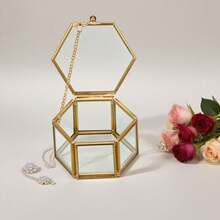 Glass Vintage Jewelry Box - Elegant Golden Geometric Jewelry Display Organizer For Home Decor, Perfect Keepsake Storage Solution For Rings, Earrings, And Trinkets, Ideal Gift For Birthdays, Anniversaries, And Holiday Celebrations, Stylish And Functional Decorative Box To Enhance Your Living Space And Keep Your Treasures Organized