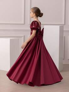 少女圣诞节优雅亮片露背 V 领泡泡袖公主裙，适合女孩生日派对、婚礼、花童、舞会、节日场合 - 酒紅色 - 查看 4