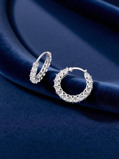 1pair Graceful 925 Sterling Silver Hoop Earrings With Dazzling Round-Cut Zirconia Ornament Paved Setting, Elegant And Refined Jewelry For Every Fashion-Forward Woman, The Perfect Gift For Birthdays Or Anniversaries