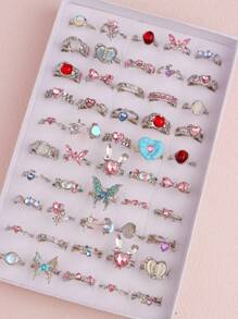 10枚/套 优雅时尚粉色水晶戒指，蝴蝶和心形，浪漫约会，情人节礼物，日常配饰