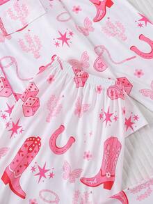 Set de pijamale pentru femei cu imprimeu de cizme de toamnă/iarnă, 2 buc, stil occidental, ținută la modă și frumoasă, top confortabil cu mânecă lungă și guler cămașă și pantaloni lejeri cu talie elastică, pijamale pentru petreceri de sărbători, îmbrăcăminte casual pentru casă în aer liber, haine de toamnă