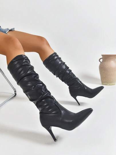 Fall/Winter 2025 Women's Fashion Pointed Toe Pleated Ankle Boots, Western Style Side Zipper, Holiday,High Heels