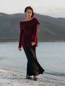 Einfarbiges, lässiges, geripptes Rundhalsausschnitt, elegantes Langarmkleid - Bordeaux - Übersicht 4