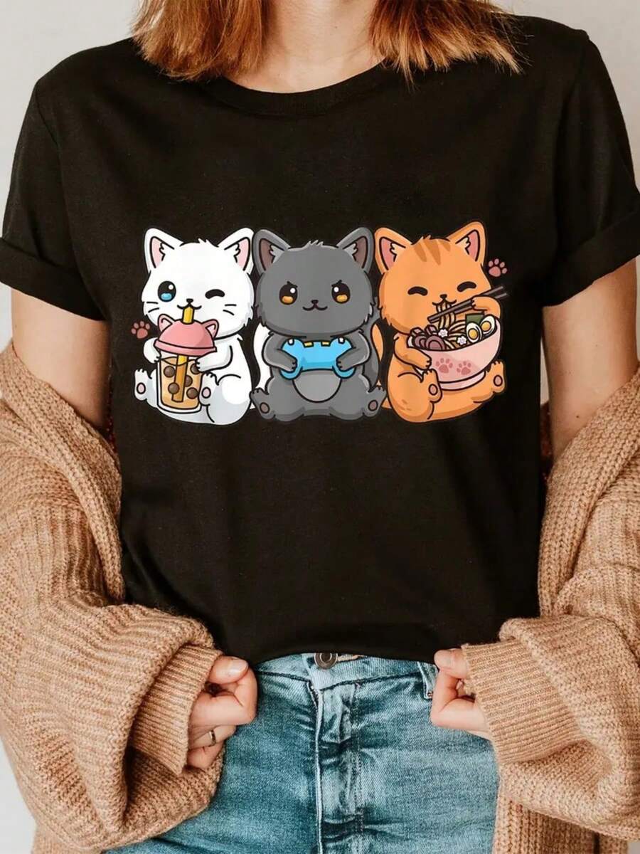 Ladies' T-shirt autumn outfit, anime kitten, casual party outfit - Autumn daily clothing - Retro style Halloween T-shirt, holiday outfit, 180g pure cotton, high-quality printed short sleeved top, a must-have for Halloween shopping - Negro - Ver 1
