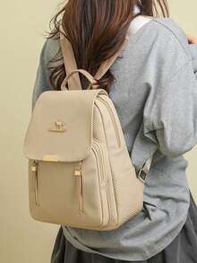 女士软皮背包，大容量女士背包，休闲旅行背包，女孩背包 - 米色 - 查看 7