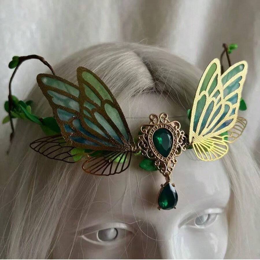 1件波西米亚蝴蝶流苏头饰，优雅额饰，神秘水滴发饰，异域风情花朵发箍，闪亮波西米亚风情人节配饰，婚礼发饰 - 彩色 - 查看 1