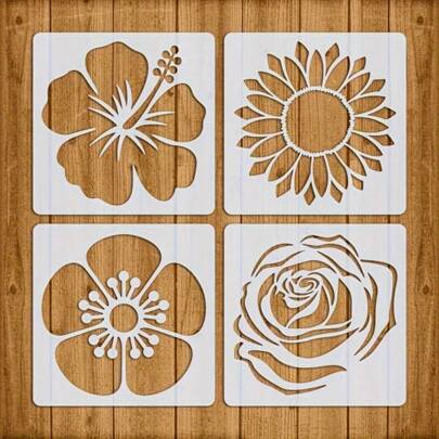 4pcs Floral Craft Stencils Set - Reusable 3.9" X 3.9" PET Templates For DIY Painting On Fabric, Canvas, Journals & Home Decor - Hibiscus, Cherry Blossoms, Sunflowers, Roses Designs For Scrapbooking & Furniture Decoration,Mother's Day,Mom's Gift,Back To School,School Supplies