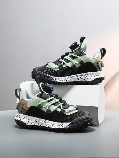 زوج من أحذية الأطفال الشتوية الموضة الدافئة من الجلد الصناعي بتصميم لوحات، أحذية رياضية مانعة للانزلاق وناعمة وذات إبزيم دوار، أحذية خارجية كاجوال مناسبة للأولاد الصغار