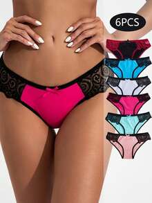 6PCS, Seamless Women's Daily Sports Underwear, Low Waist Comfortable Lace Edge Bow Cotton Underwear, Women's Underwear - Nhiều màu - Xem 1