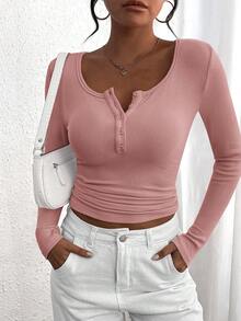 Women's Autumn Long-Sleeved Henry Shirt T-Shirt Button Ribbed Knit Fashion Tight Basic Top Shirt - Xám hồng - Xem 4