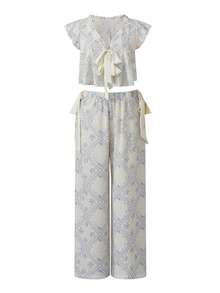 Women 2 Piece Pajamas Set Floral Print Tie Front Fly Sleeves Shirt And Elastic Pants For Loungewear Soft Sleepwear - Màu xanh nhạt - Xem 5