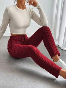 Women's High-Rise Slim Fit Ribbed Knit Pants - Elastic Elastic Band Faux Cord Detail, Solid Color, All-Season Machine Washable, Casual Home & Dressy, High-Rise Pants, Versatile & Elegant Fabric - Đỏ - Xem 3