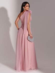 LONG WEDDING PARTY DRESS FOR GODMOTHER IN TULLE WITH FLOWER ON THE SHOULDER - Rosé - View 2