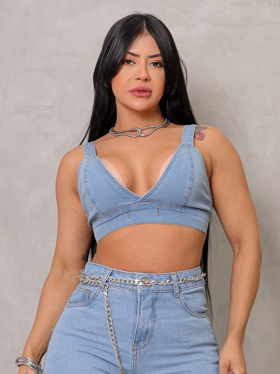 Top Cropped Feminino Jeans Moderno Tendencia verão Beach wear Blogueira