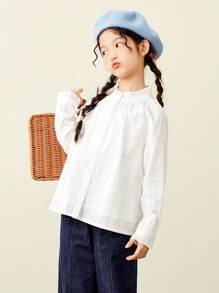 mini bala 2025秋季甜美女童荷叶边领长袖衬衫 - 灰白 - 查看 5