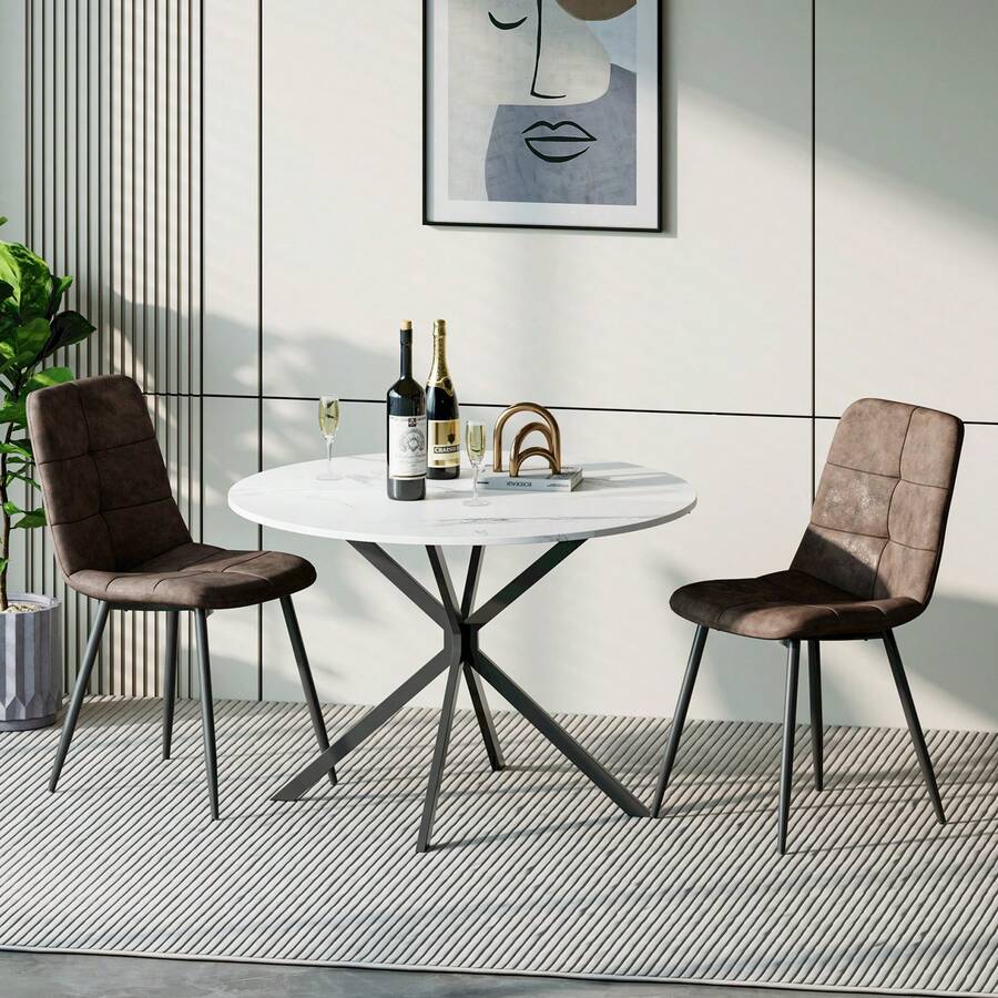 Dining Table And Chairs Set Of 2, White Folding Round Dining Table With 2 Brown PU Leather Chairs For Dining Room, Kitchen, Living Room