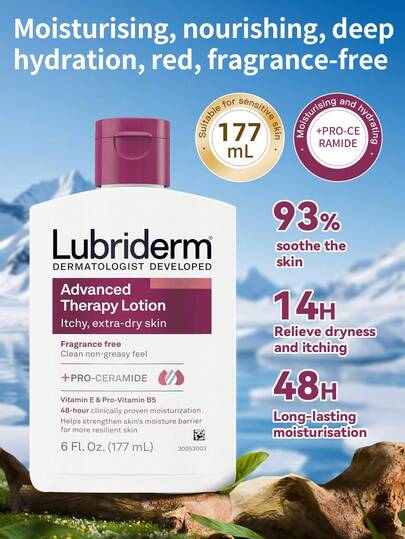 Lubriderm 1瓶（177毫升）露得清红色无香型润肤乳，高保湿修护，专为干燥肌肤设计，富含维生素B5、维生素E和燕麦仁油，质地如冰淇淋般柔滑，适合秋冬季干燥敏感肌肤使用。