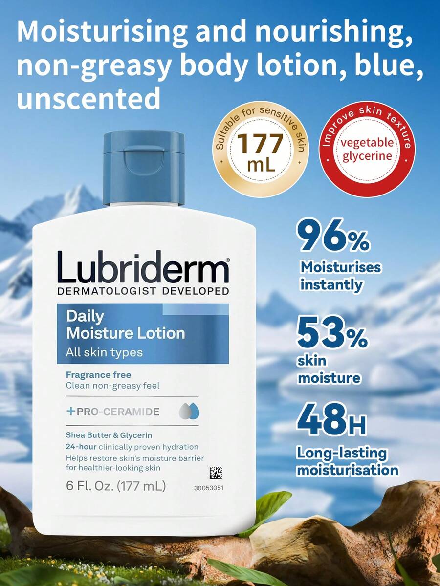 1瓶 (177ml) Lubriderm 藍色無香料身體乳液,含 Ceramide Pro+ 與乳木果油,保濕滋養,輕盈乳液質地,易吸收,適合所有膚質與日常使用 - 藍色無香177ml - 查看 1