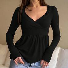 Awevudst Womens Rib Knitted Lace Trim Wrap V Neck Long Sleeve Peplum Tops Slim Fit Fairycore T-Shirts Harajuku Vintage Clothes Y2K Streetwear Blouse Tee Tops Casual Going Out Tops - 黑色 - 查看 3