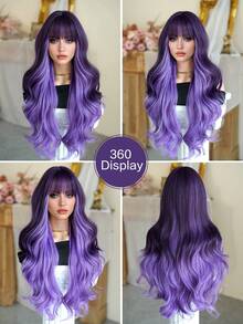 7JHH WIGS Stylish Purple Balayage Wigs Extra Long Wavy Wig With Bangs, High Density Heat-Resistant Fiber Hair, Fluffy Natural Synthetic Wave Curly Wigs For Women Halloween Party Use 28 Inch Cosplay Costume Wig Accessories - 挑染紫色 - 查看 6