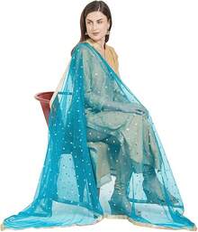Woman's Embellished Net Dupatta Scarf Shawl Wrap Soft Bridal Wedding - 道奇藍 - 查看 2
