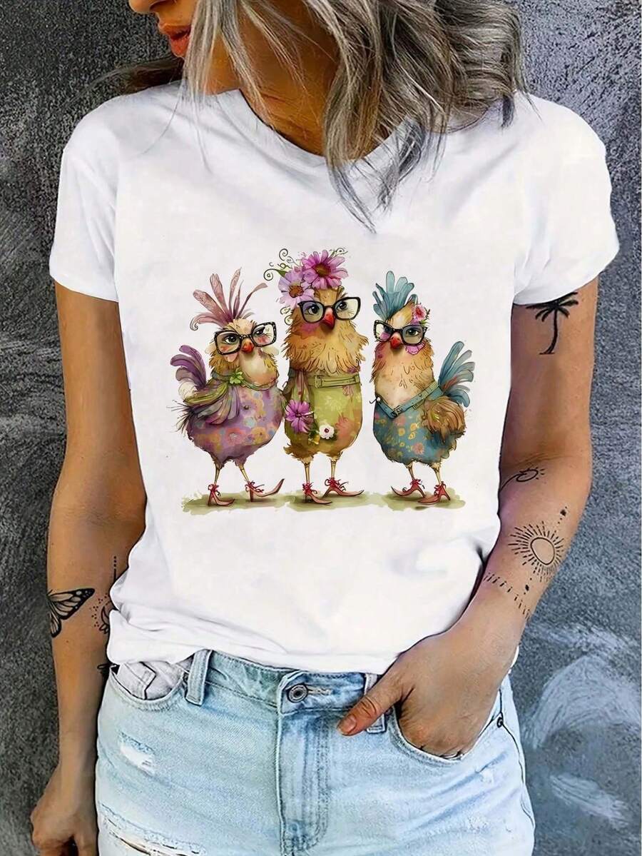 Women's Summer Top With Short Sleeves And Crew Neck, Chicken Print, Ideal For Autumn And Spring. - White - View 1