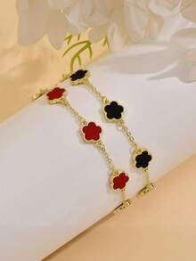 2pcs/Set Fashionable Minimalist Bestselling White+Pink/Black+White/Red+White/Red+Black Five-Petal Flower & Clover Women Bracelet, Versatile Summer Accessory, Elegant - Pink - View 8