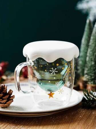 1pc 230ml Christmas Tree Double-Layer Glass Cup, Light Luxury Simple Snowflake Cup, With Lid And Handle, Heat-Resistant And Leak-Proof, Suitable For Christmas Parties And Gatherings, Coffee Shop Coffee Latte Cups, Breakfast Yogurt Oatmeal Cups, Gifts, And Christmas Decorations.