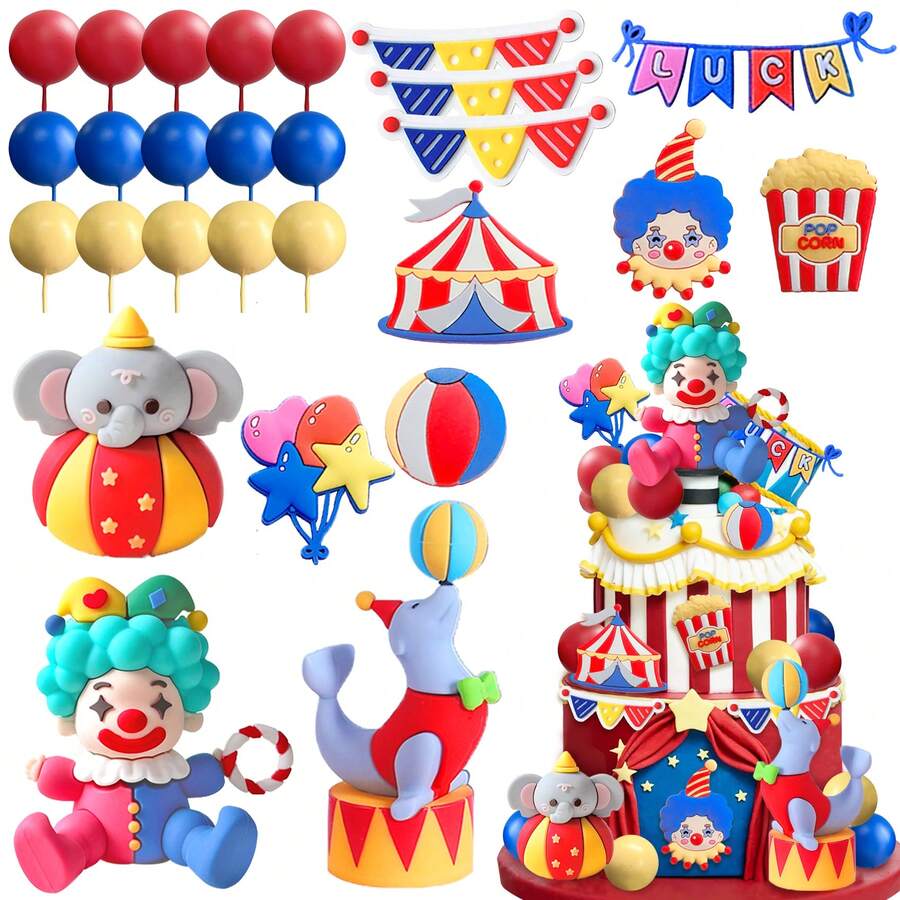 Knana 27Pcs Circus Cake Toppers Carnival Cake Decoration Circus Theme Party Decorations For Carnival Baby Shower Birthday Party Supplies - 紅色 - 查看 1