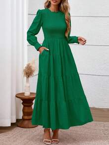 Women's Long Sleeve Maxi Dresses Fall Casual Smocked Trim Neck Swiss Dot Tiered Flowy Wedding Guest Dress - 深綠 - 查看 4