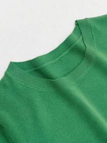 女式轻薄纯色短袖针织T恤，简约夏季上衣 - 綠色 - 查看 4