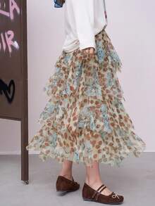 草莓涂鸦印花网眼不对称半身裙 - 彩色 - 查看 5