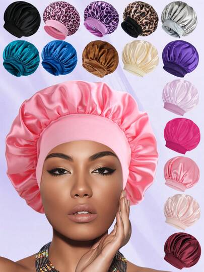1PC Satin Silk Bonnet For Sleeping,Satin Silk Hair Bonnets For Sleeping Women, Black / Pink Widesoft Band Satin Sleep Cap Hair Wrap For Curly Hair Showercap