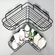 1/2 piezas Estante de baño de esquina de hierro con ganchos adhesivos, estante de almacenamiento triangular para artículos de tocador de baño, accesorios de estante de esquina para baño, sin necesidad de perforar, negro