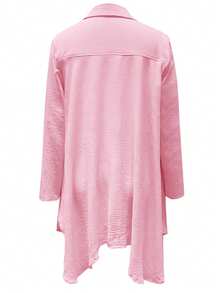 优雅女士粉色束腰上衣，端庄长袖衬衫领衬衫，正面纽扣，下摆不对称