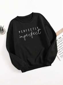 Sudadera mujer básica negra estampado letras sencillas perfectly imperfect leopardo casual cómoda manga larga - Negro - Ver 1