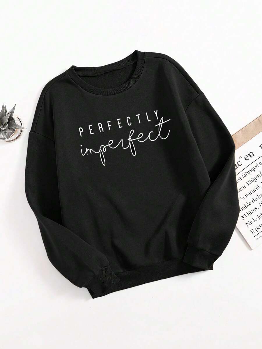 Sudadera mujer básica negra estampado letras sencillas perfectly imperfect leopardo casual cómoda manga larga - Negro - Ver 1